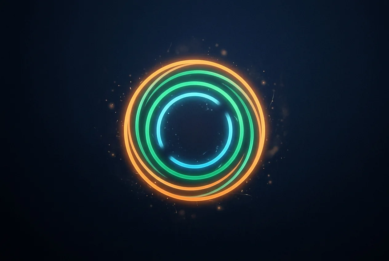 A glowing three-arc anniversary emblem in the 3LA layer colours — orange, green and cyan.