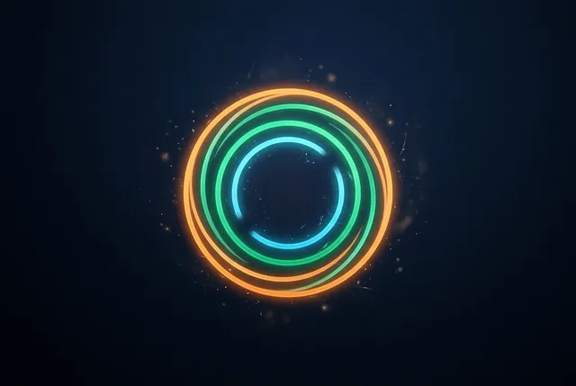 A glowing three-arc anniversary emblem in the 3LA layer colours - orange, green and cyan.